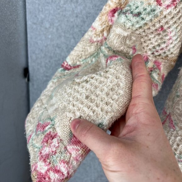 Womens Shawl Collar Floral Knit Jacket Size L Cottage Neutral Fringe Country - Picture 8 of 14